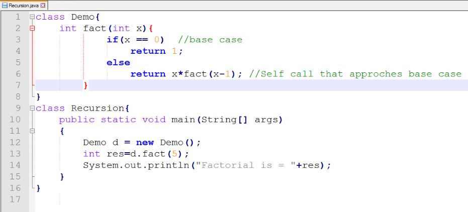 This image describes a sample program of recursion in java.